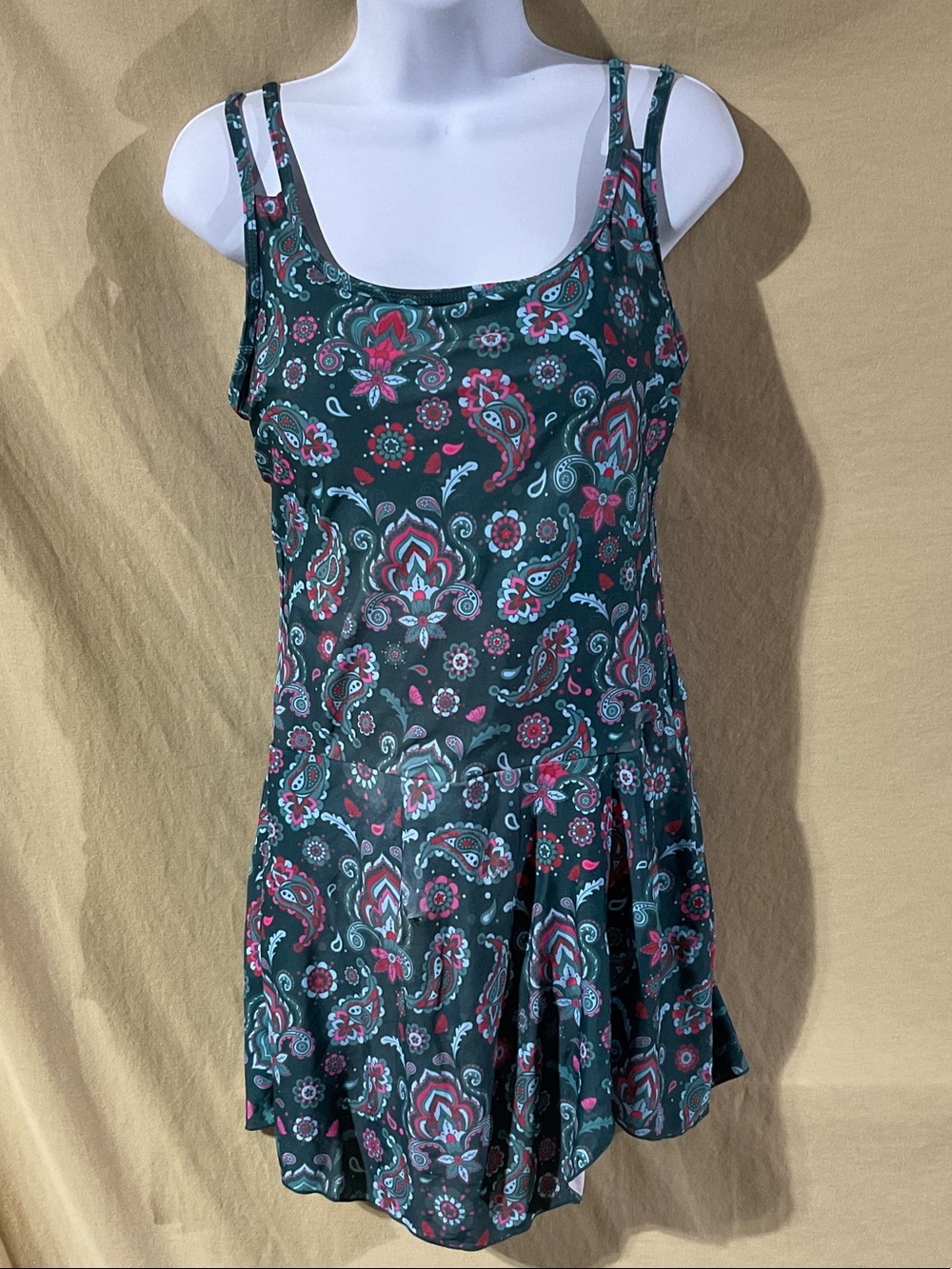 Size L Dark Green Paisley One-Piece Swimdress with Pink Accents